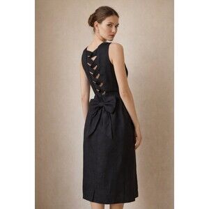 Nipon Boutique 100% Linen Dress Lattice Back Bow Sleeveless Black Vintage 80s